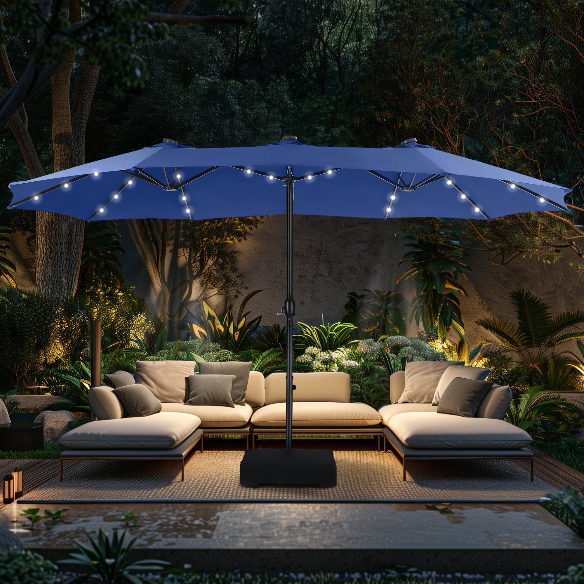 Alpha Joy 15ft Extra Large Outdoor Patio Double-Sided Umbrella with Solar Lights & Umbrella Base