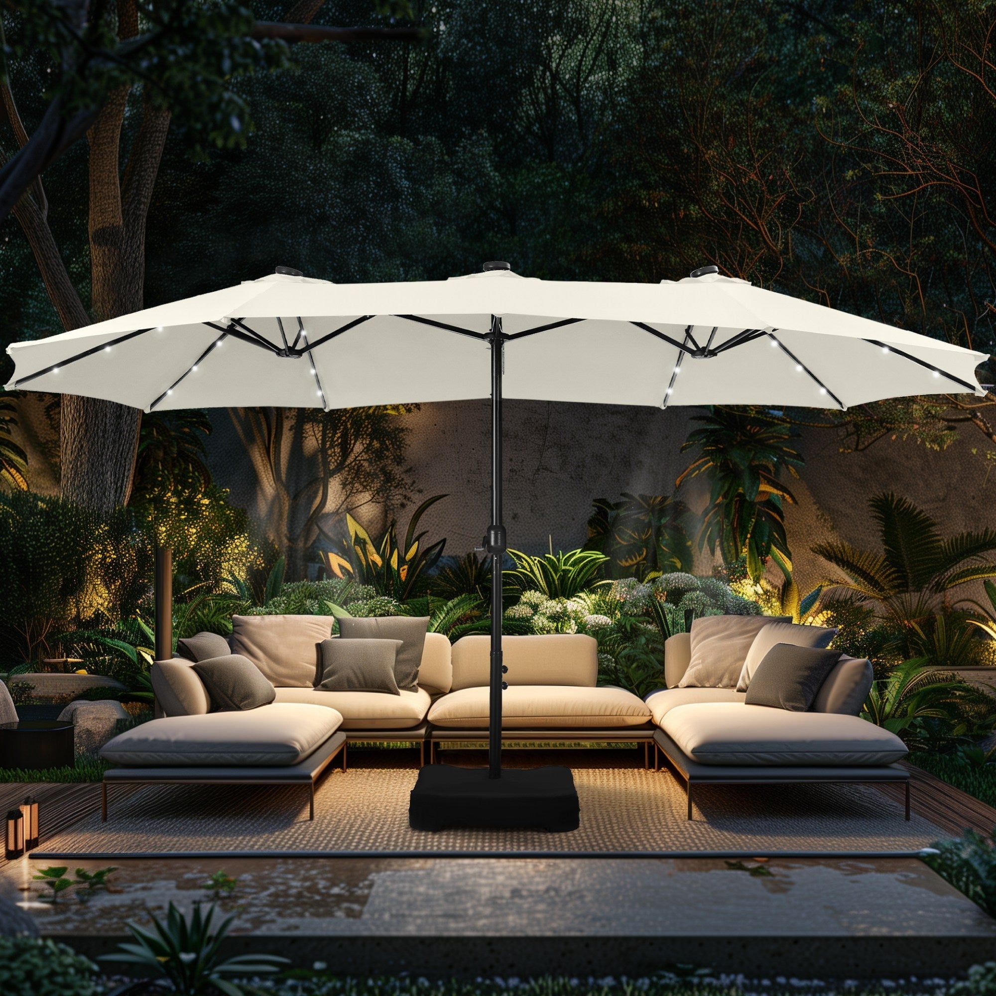 Alpha Joy 15ft Extra Large Outdoor Patio Double-Sided Umbrella with Solar Lights & Umbrella Base