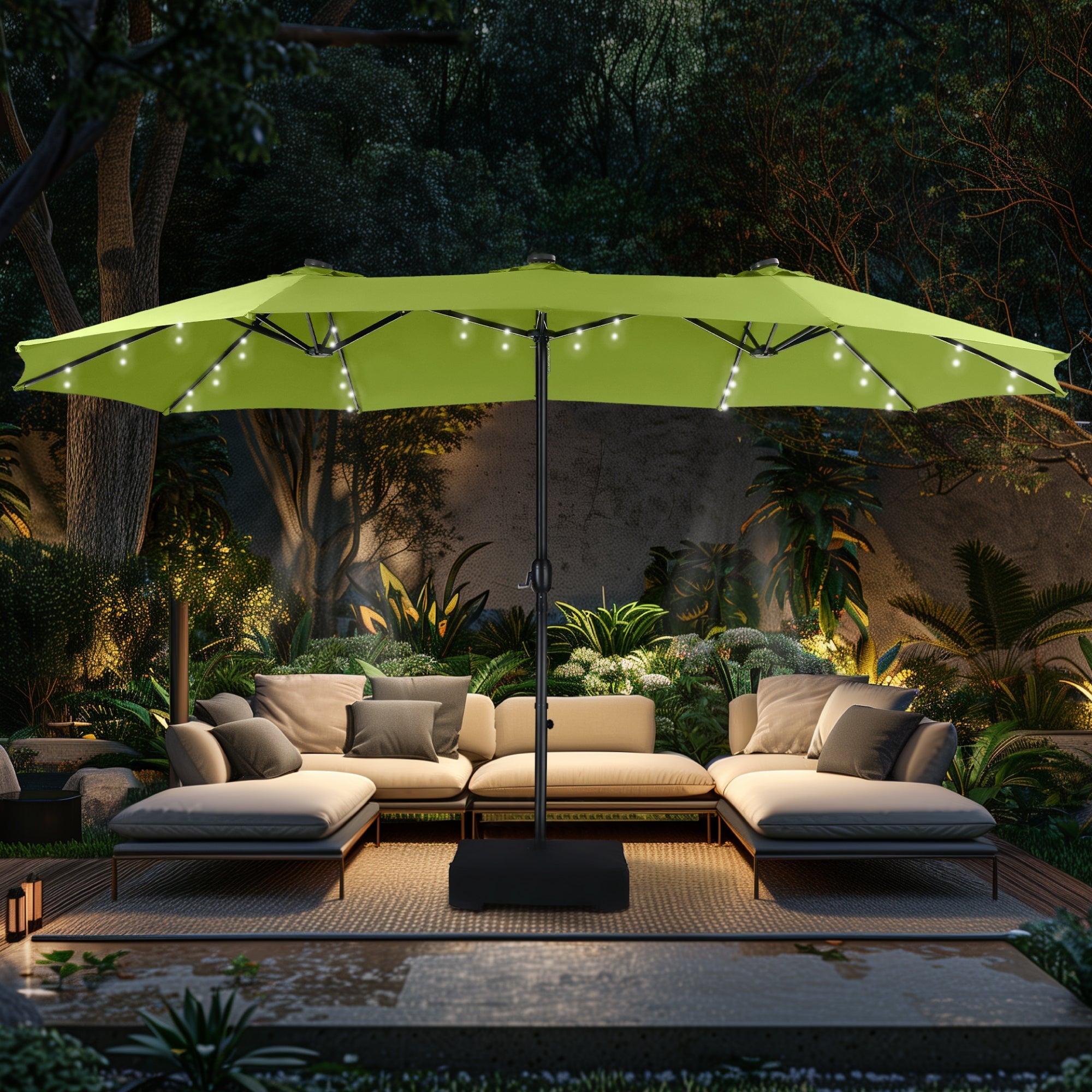 Alpha Joy 15ft Extra Large Outdoor Patio Double-Sided Umbrella with Solar Lights & Umbrella Base
