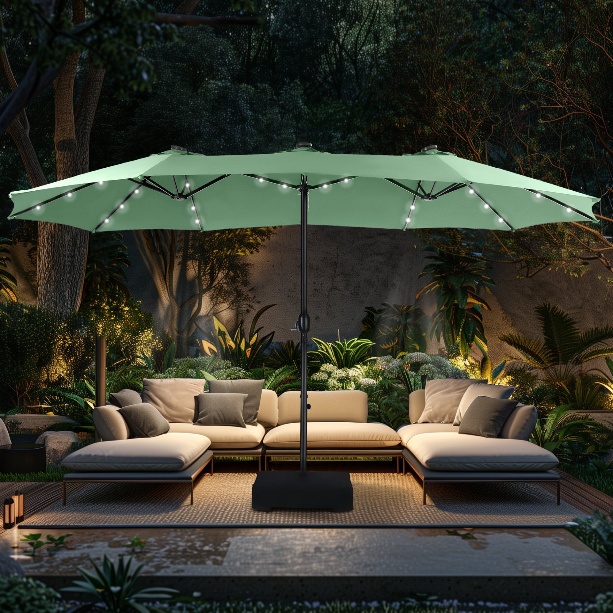 Alpha Joy 15ft Extra Large Outdoor Patio Double-Sided Umbrella with Solar Lights & Umbrella Base