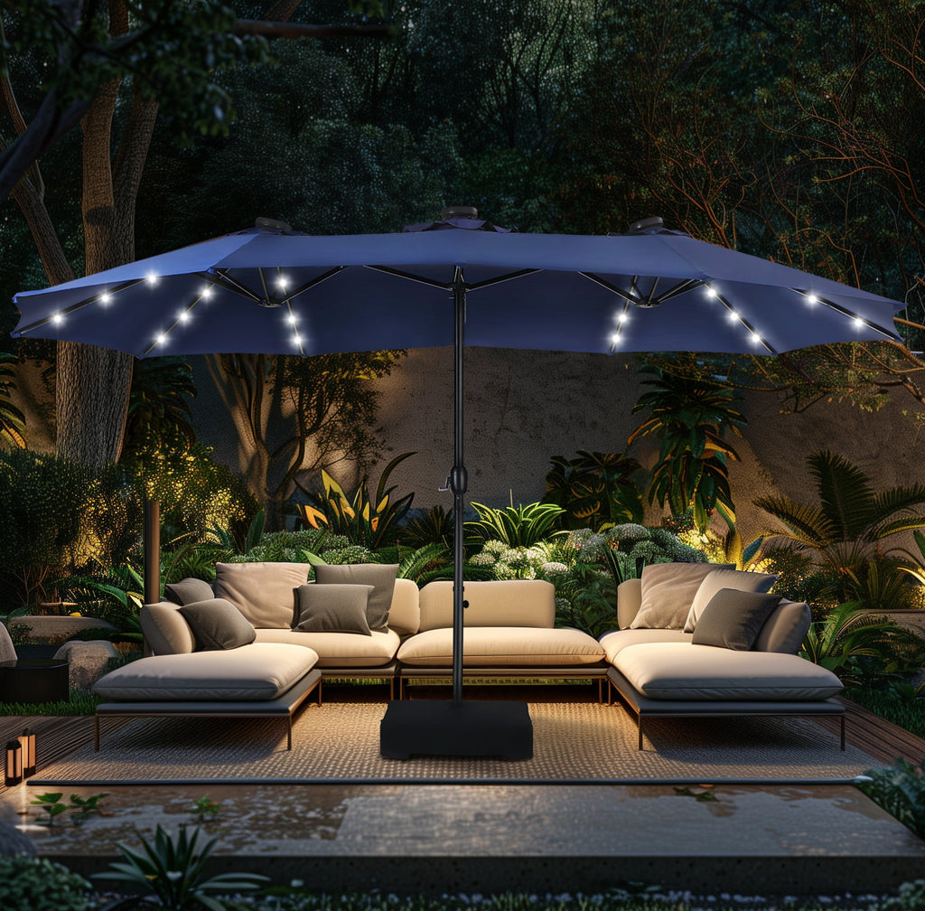 Alpha Joy 15ft Extra Large Outdoor Patio Double-Sided Umbrella with Solar Lights & Umbrella Base