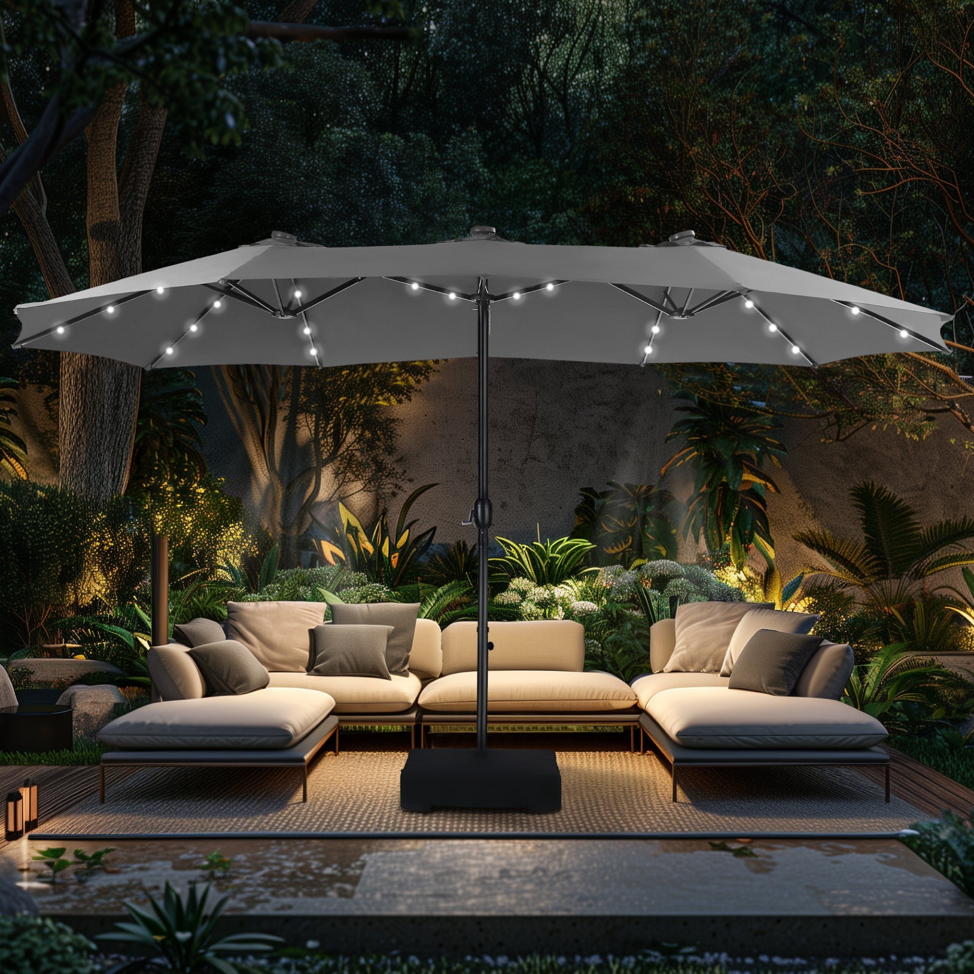 Alpha Joy 15ft Extra Large Outdoor Patio Double-Sided Umbrella with Solar Lights & Umbrella Base