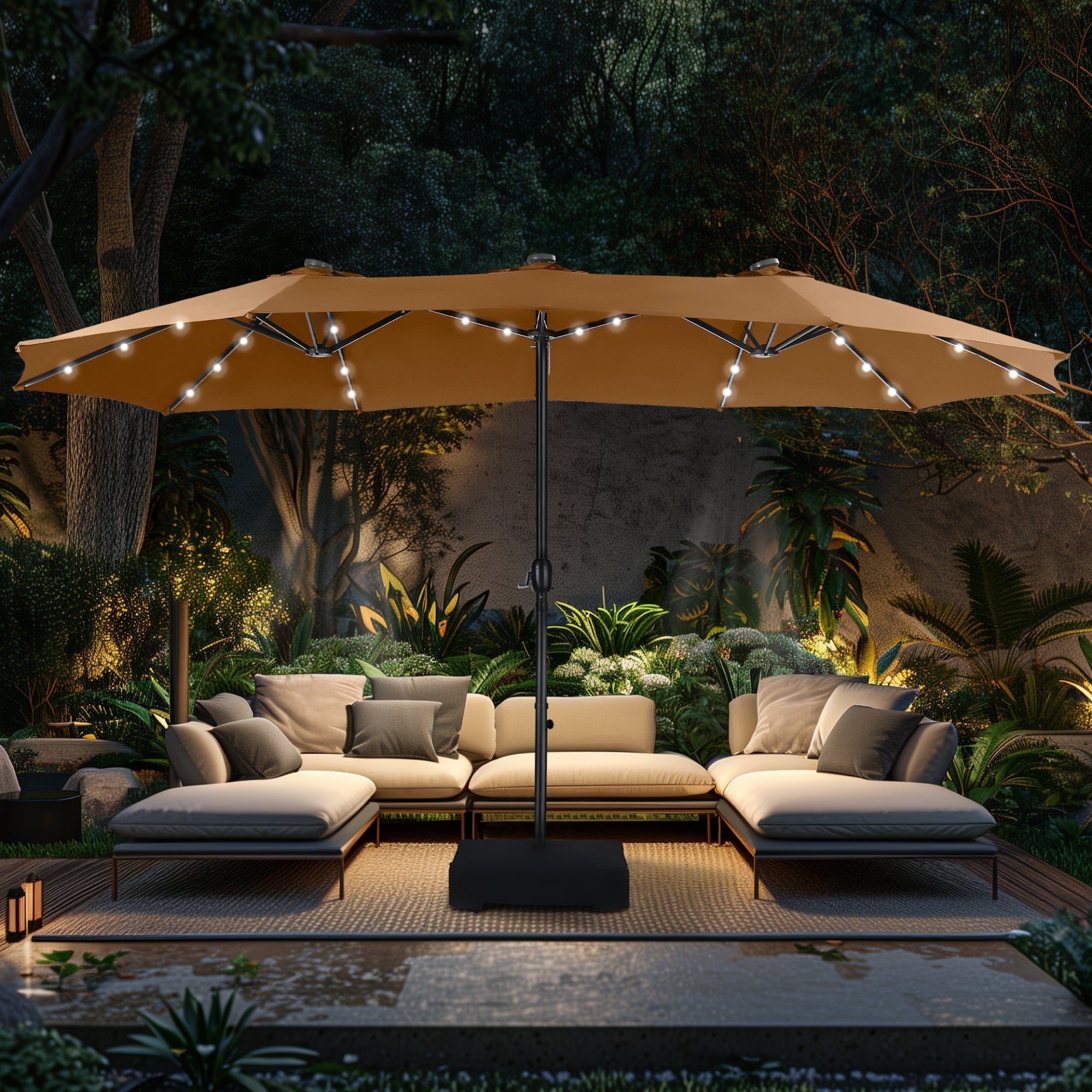Alpha Joy 15ft Extra Large Outdoor Patio Double-Sided Umbrella with Solar Lights & Umbrella Base