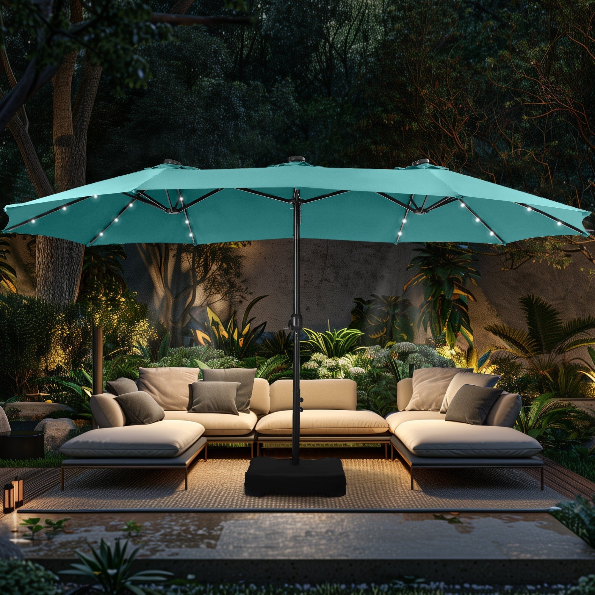 Alpha Joy 15ft Extra Large Outdoor Patio Double-Sided Umbrella with Solar Lights & Umbrella Base