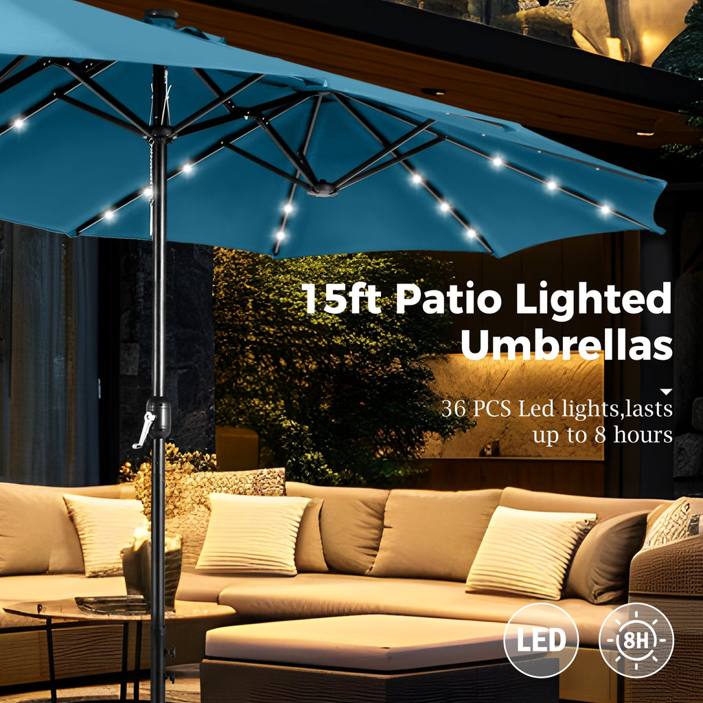 Alpha Joy 15ft Extra Large Outdoor Patio Double-Sided Umbrella with Solar Lights & Umbrella Base
