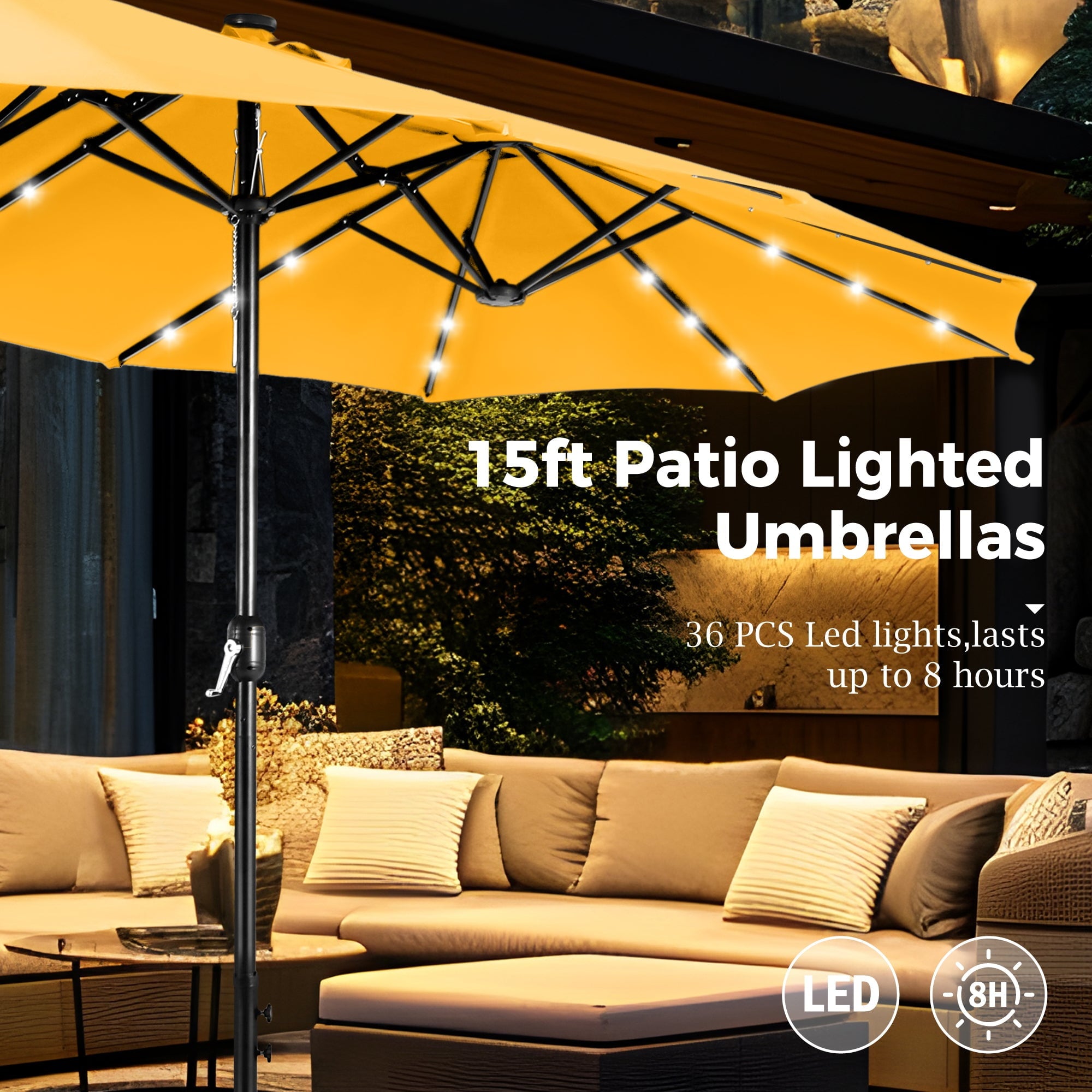 Alpha Joy 15ft Extra Large Outdoor Patio Double-Sided Umbrella with Solar Lights & Umbrella Base