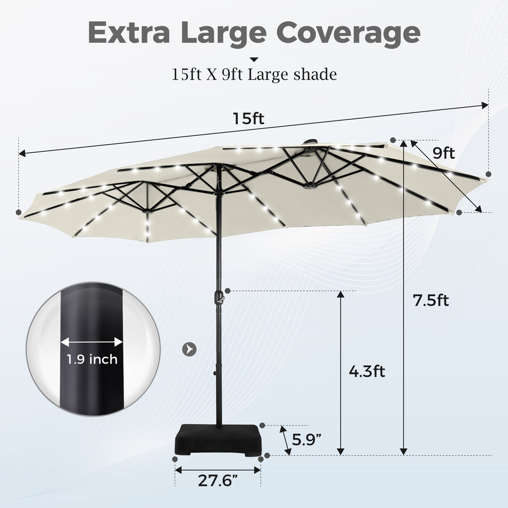Alpha Joy 15ft Extra Large Outdoor Patio Double-Sided Umbrella with Solar Lights & Umbrella Base