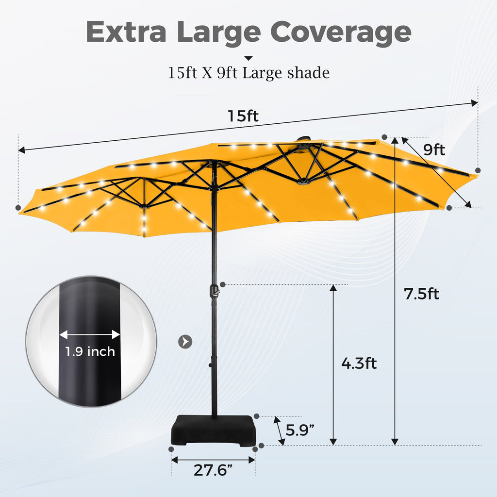 Alpha Joy 15ft Extra Large Outdoor Patio Double-Sided Umbrella with Solar Lights & Umbrella Base