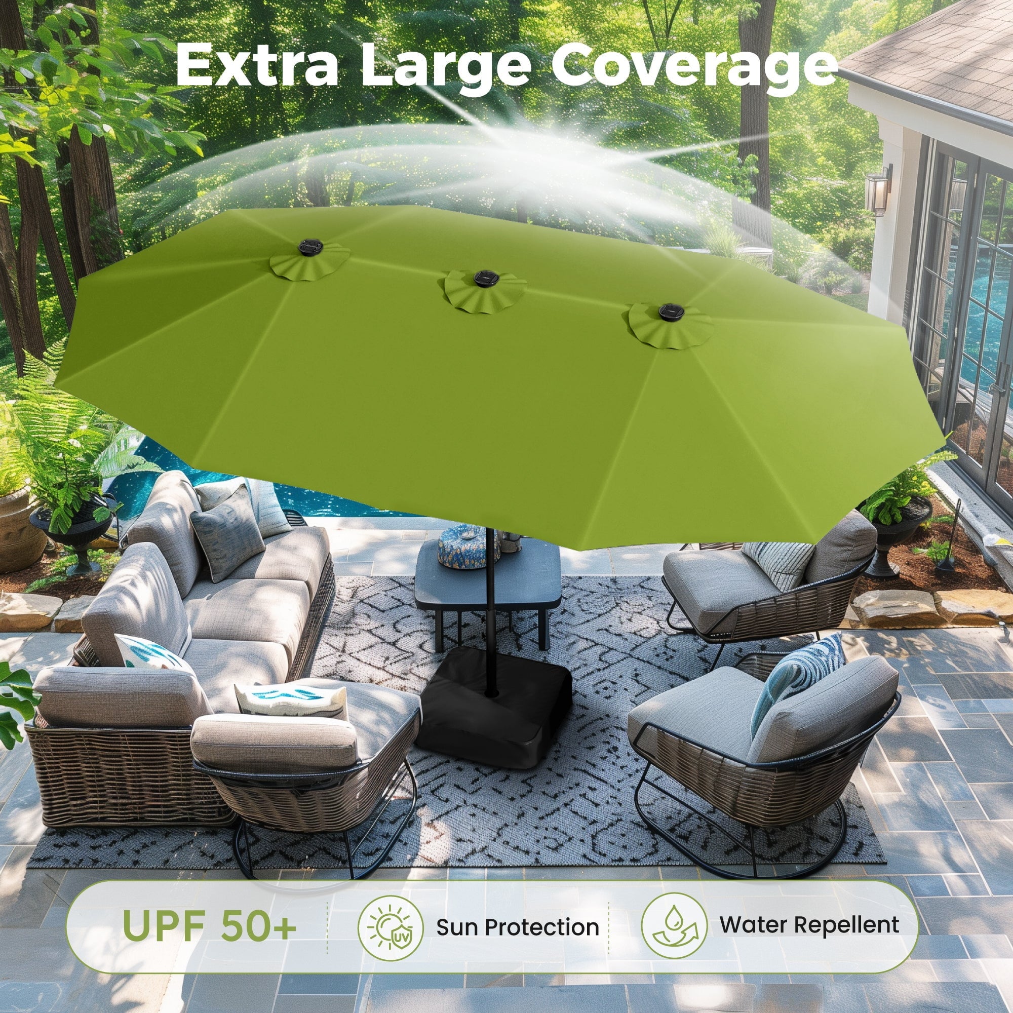 Alpha Joy 15ft Extra Large Outdoor Patio Double-Sided Umbrella with Solar Lights & Umbrella Base