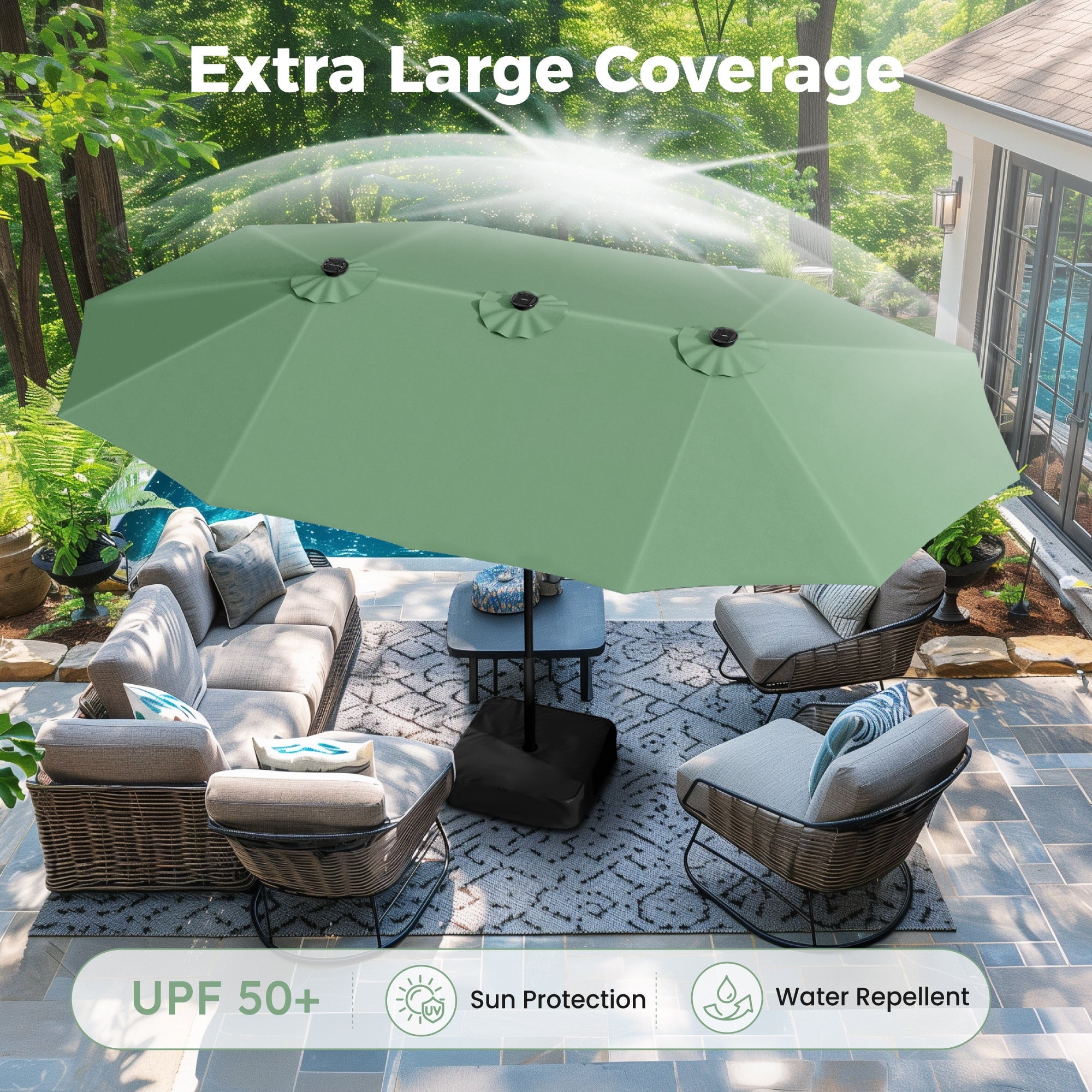 Alpha Joy 15ft Extra Large Outdoor Patio Double-Sided Umbrella with Solar Lights & Umbrella Base