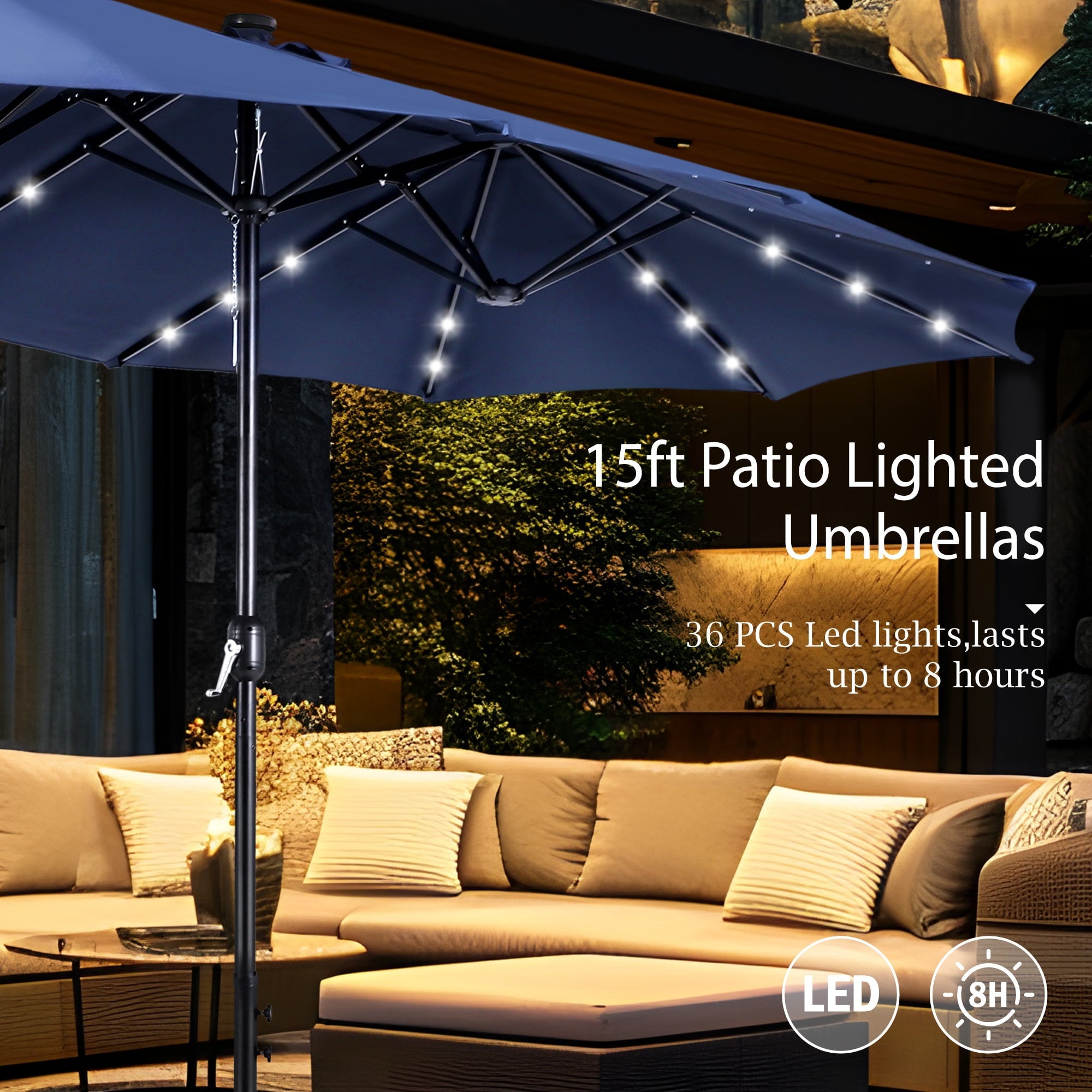Alpha Joy 15ft Extra Large Outdoor Patio Double-Sided Umbrella with Solar Lights & Umbrella Base