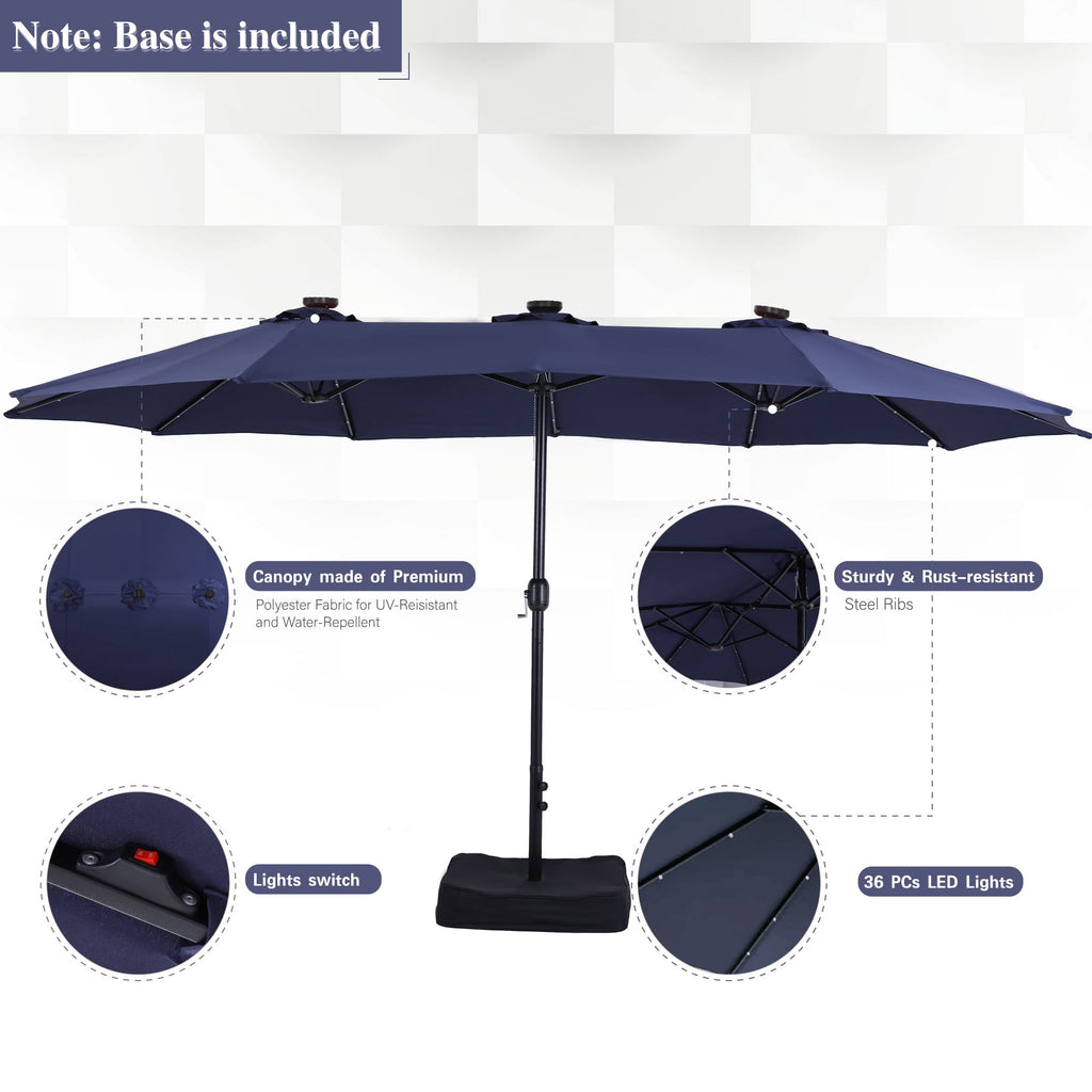 Alpha Joy 15ft Extra Large Outdoor Patio Double-Sided Umbrella with Solar Lights & Umbrella Base