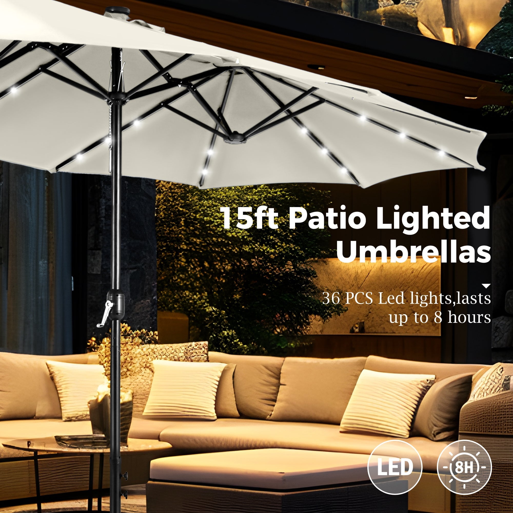 Alpha Joy 15ft Extra Large Outdoor Patio Double-Sided Umbrella with Solar Lights & Umbrella Base