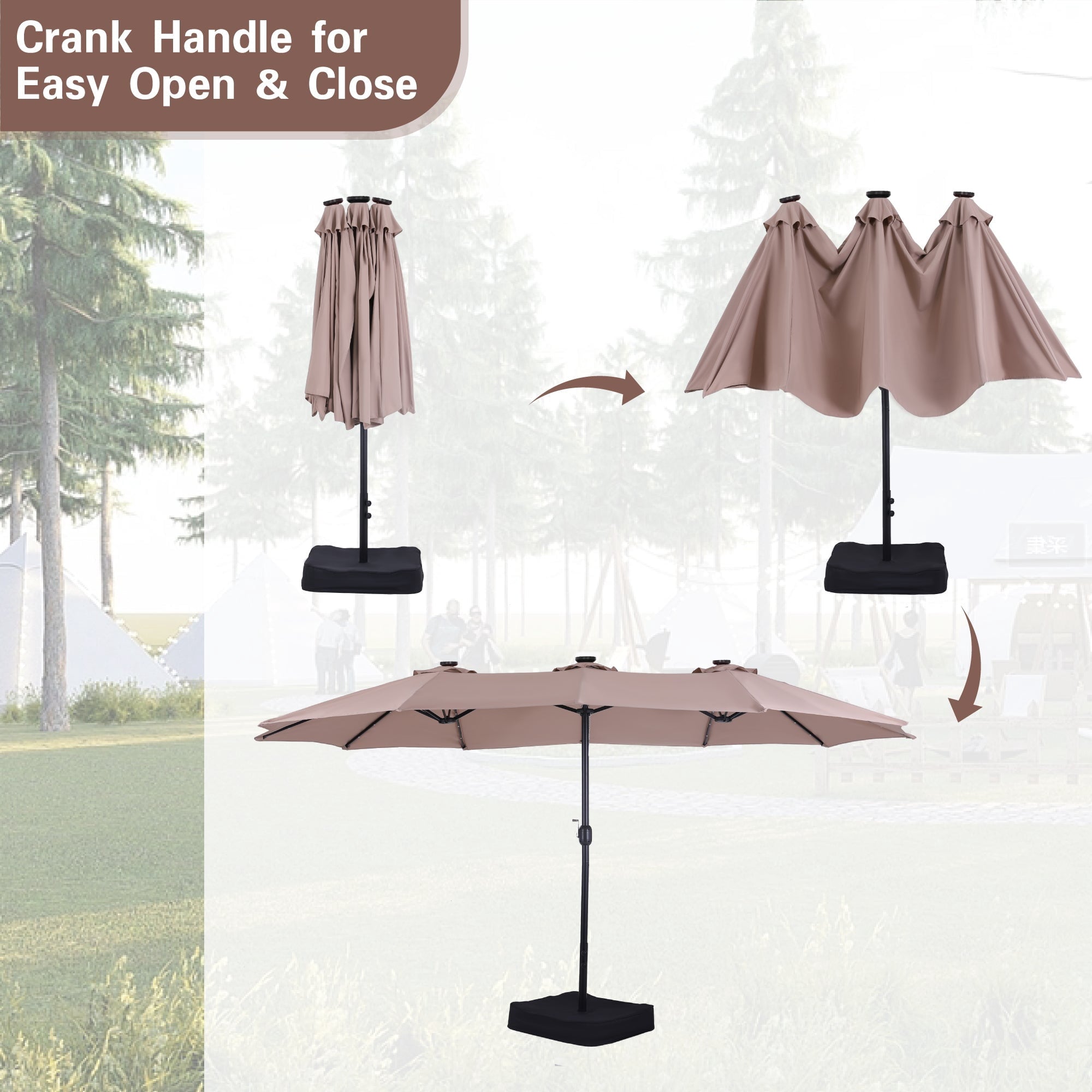Alpha Joy 15ft Extra Large Outdoor Patio Double-Sided Umbrella with Solar Lights & Umbrella Base