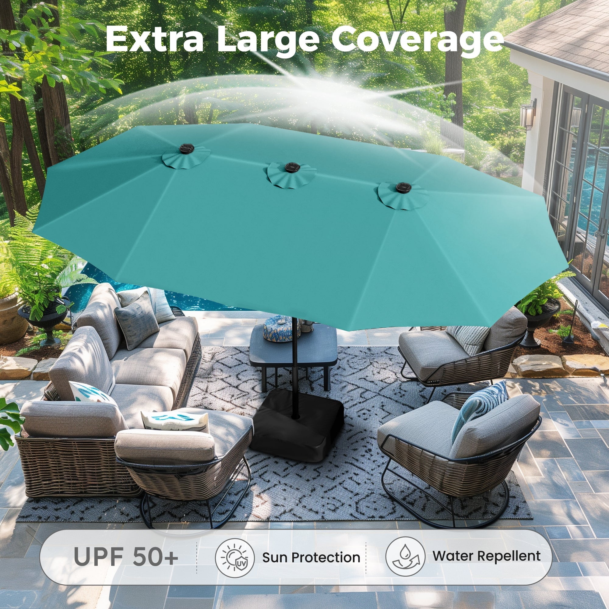 Alpha Joy 15ft Extra Large Outdoor Patio Double-Sided Umbrella with Solar Lights & Umbrella Base