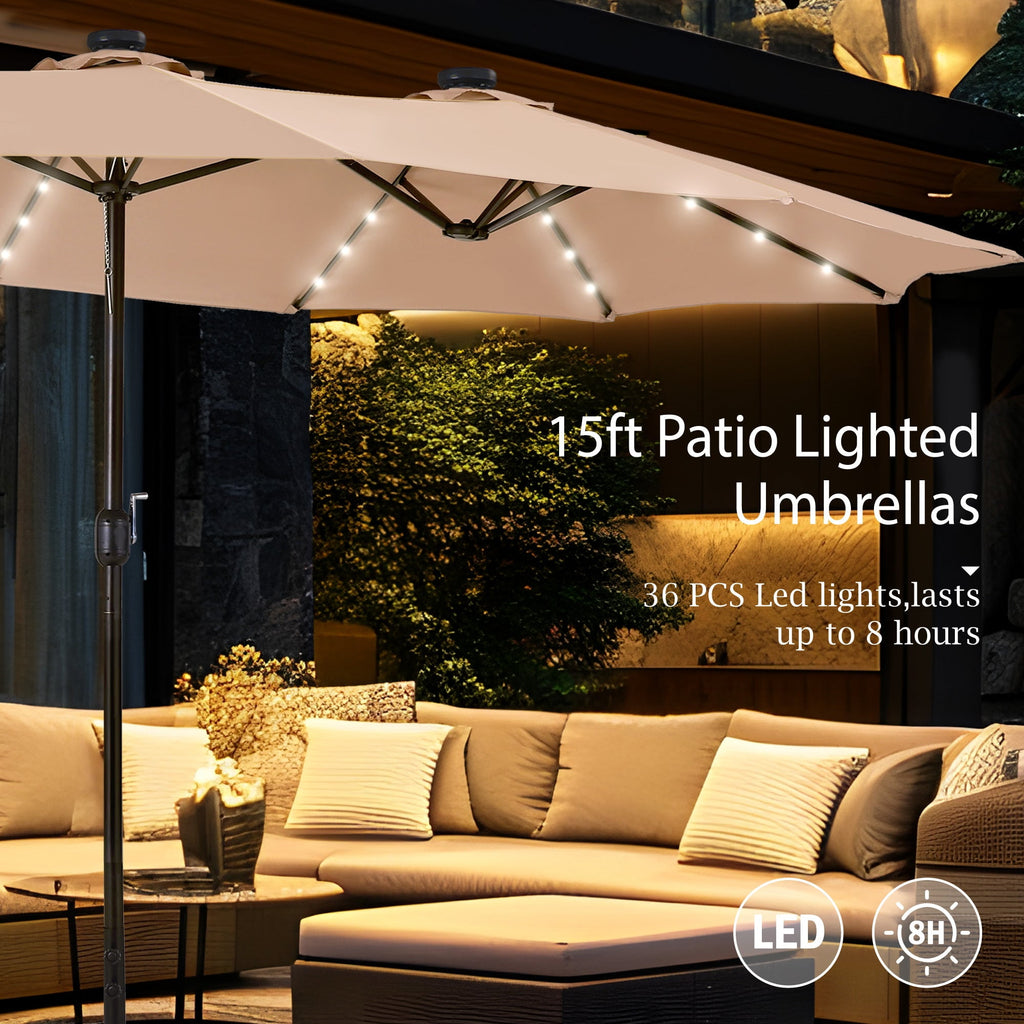Alpha Joy 15ft Extra Large Outdoor Patio Double-Sided Umbrella with Solar Lights & Umbrella Base