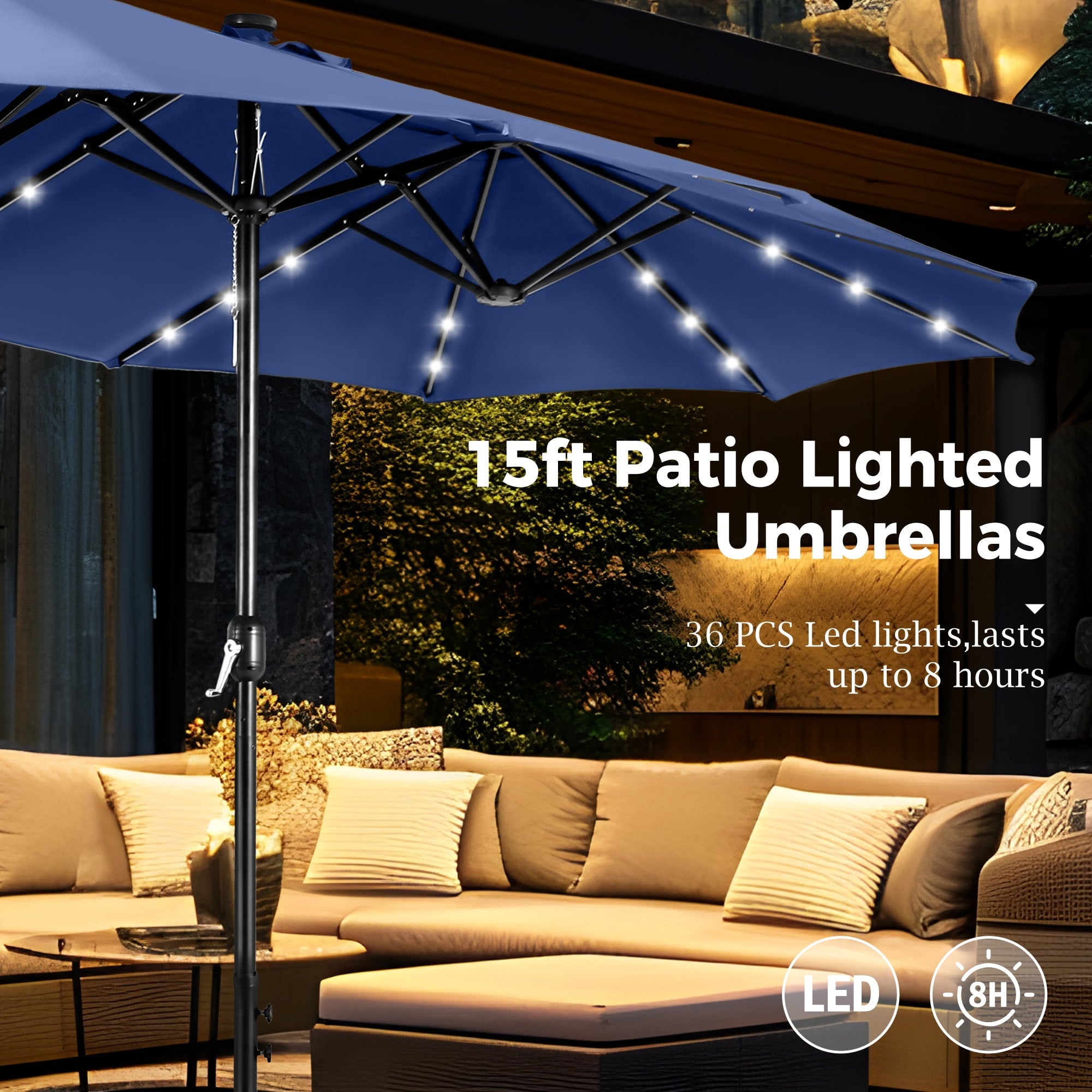 Alpha Joy 15ft Extra Large Outdoor Patio Double-Sided Umbrella with Solar Lights & Umbrella Base