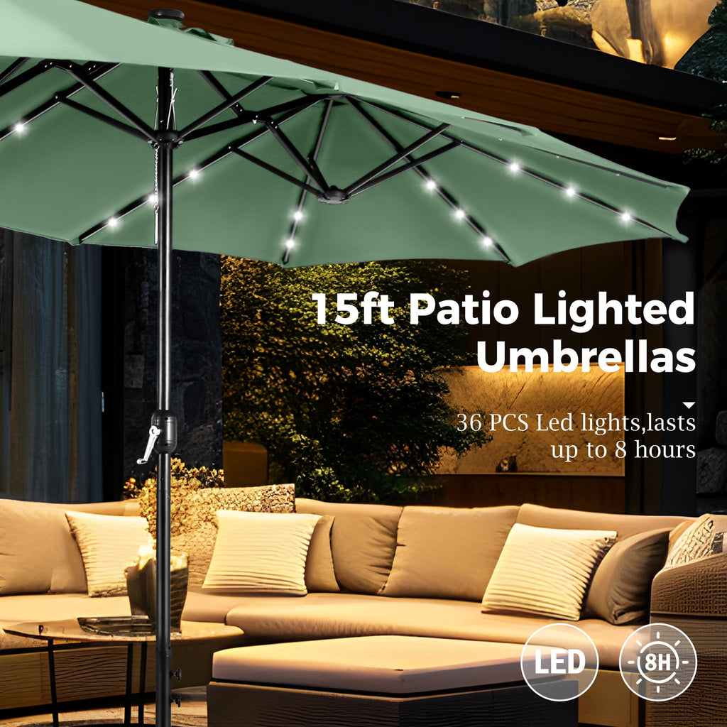 Alpha Joy 15ft Extra Large Outdoor Patio Double-Sided Umbrella with Solar Lights & Umbrella Base