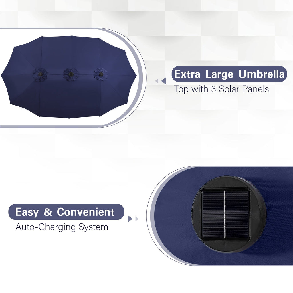 Alpha Joy 15ft Extra Large Outdoor Patio Double-Sided Umbrella with Solar Lights & Umbrella Base
