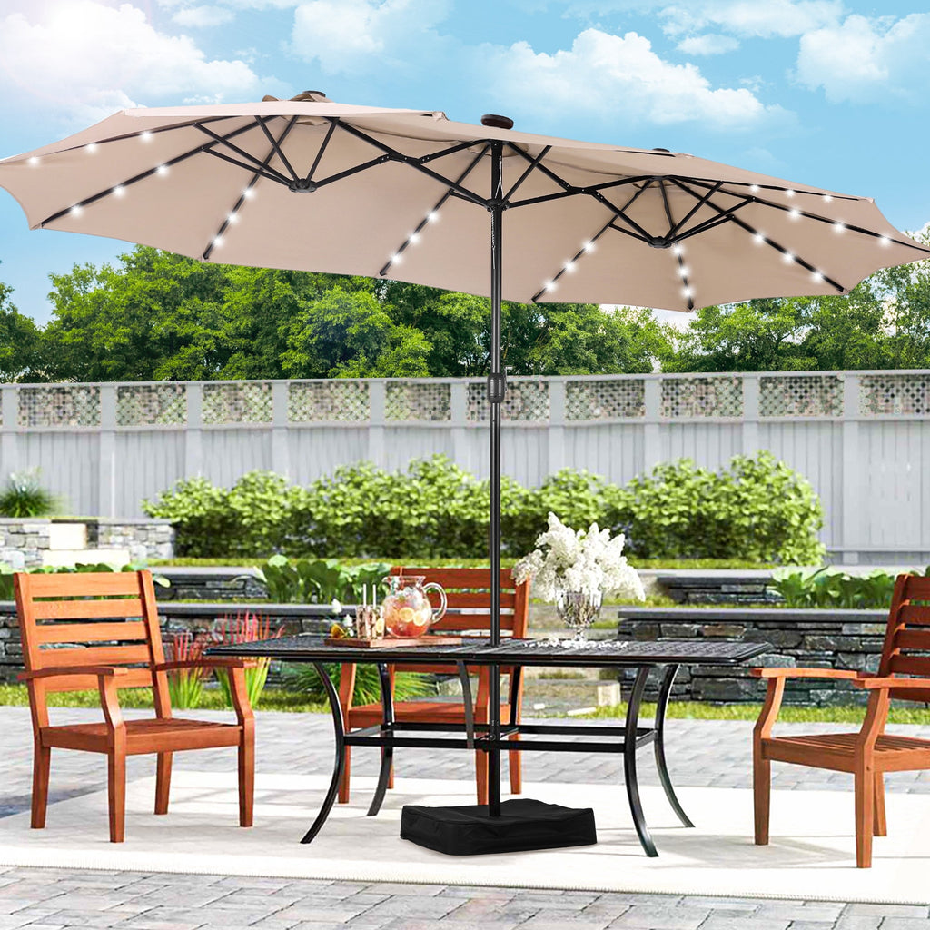Alpha Joy 15ft Extra Large Outdoor Patio Double-Sided Umbrella with Solar Lights & Umbrella Base