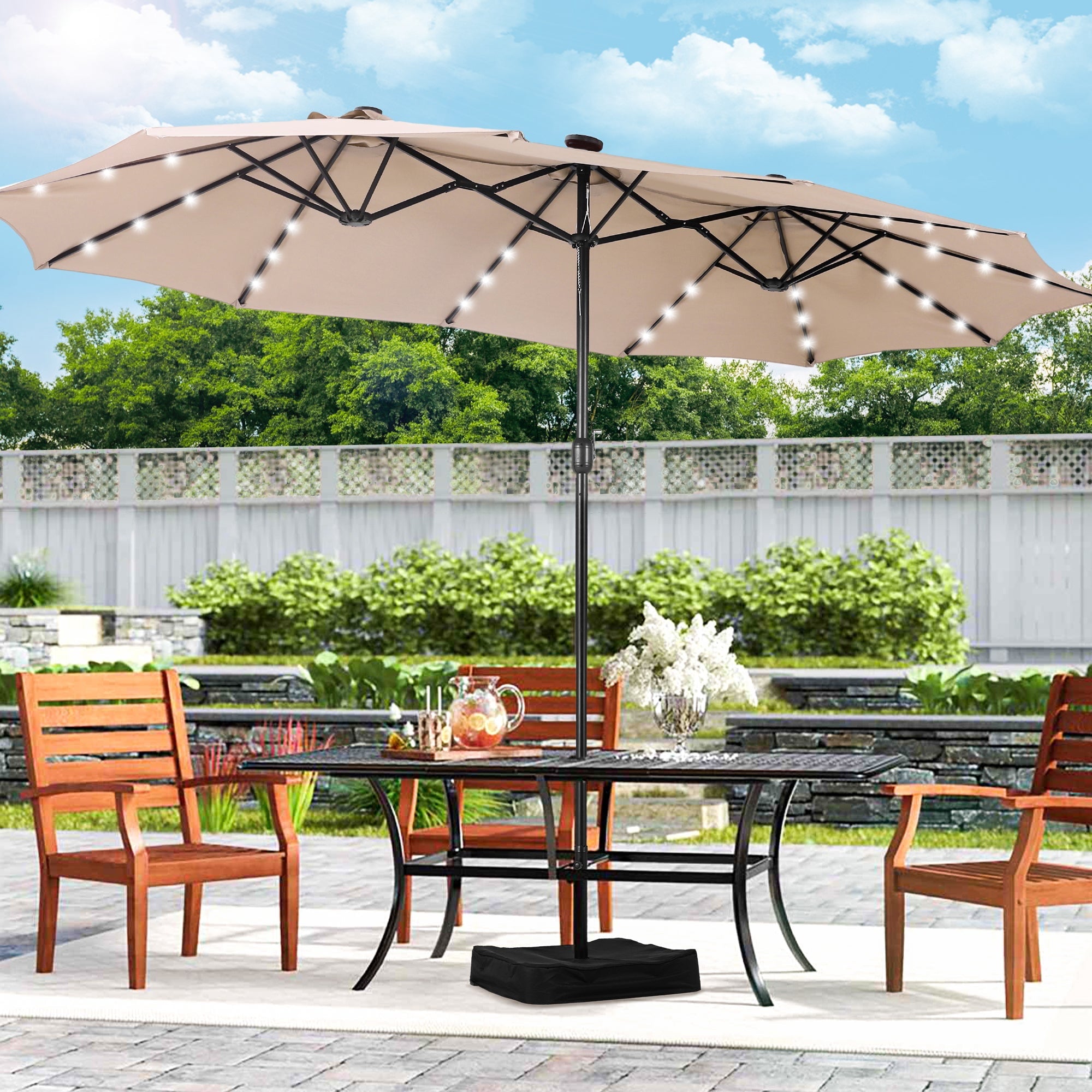 Alpha Joy 15ft Extra Large Outdoor Patio Double-Sided Umbrella with Solar Lights & Umbrella Base